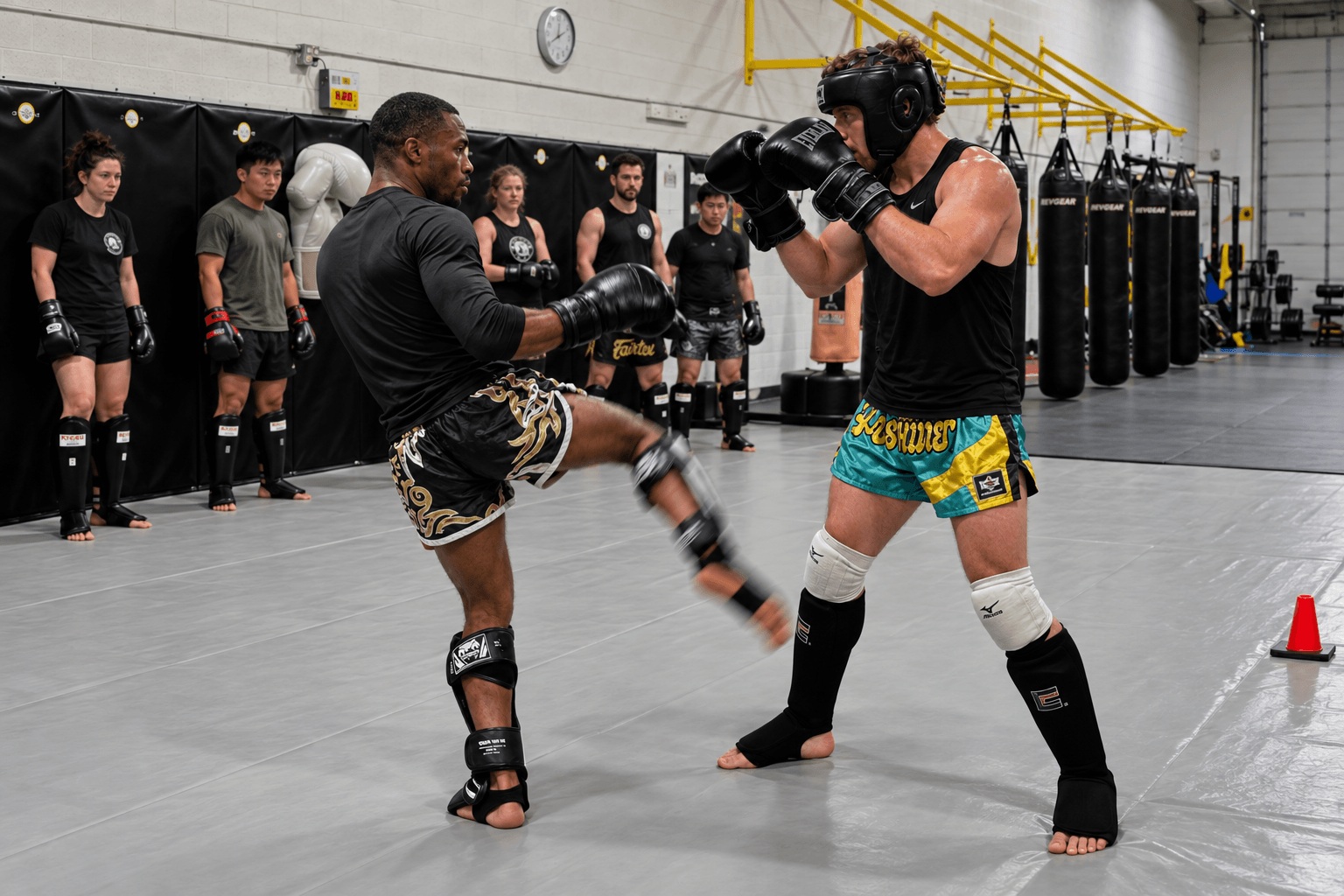 Two students sparring kickboxing — a kick checked on the pads
