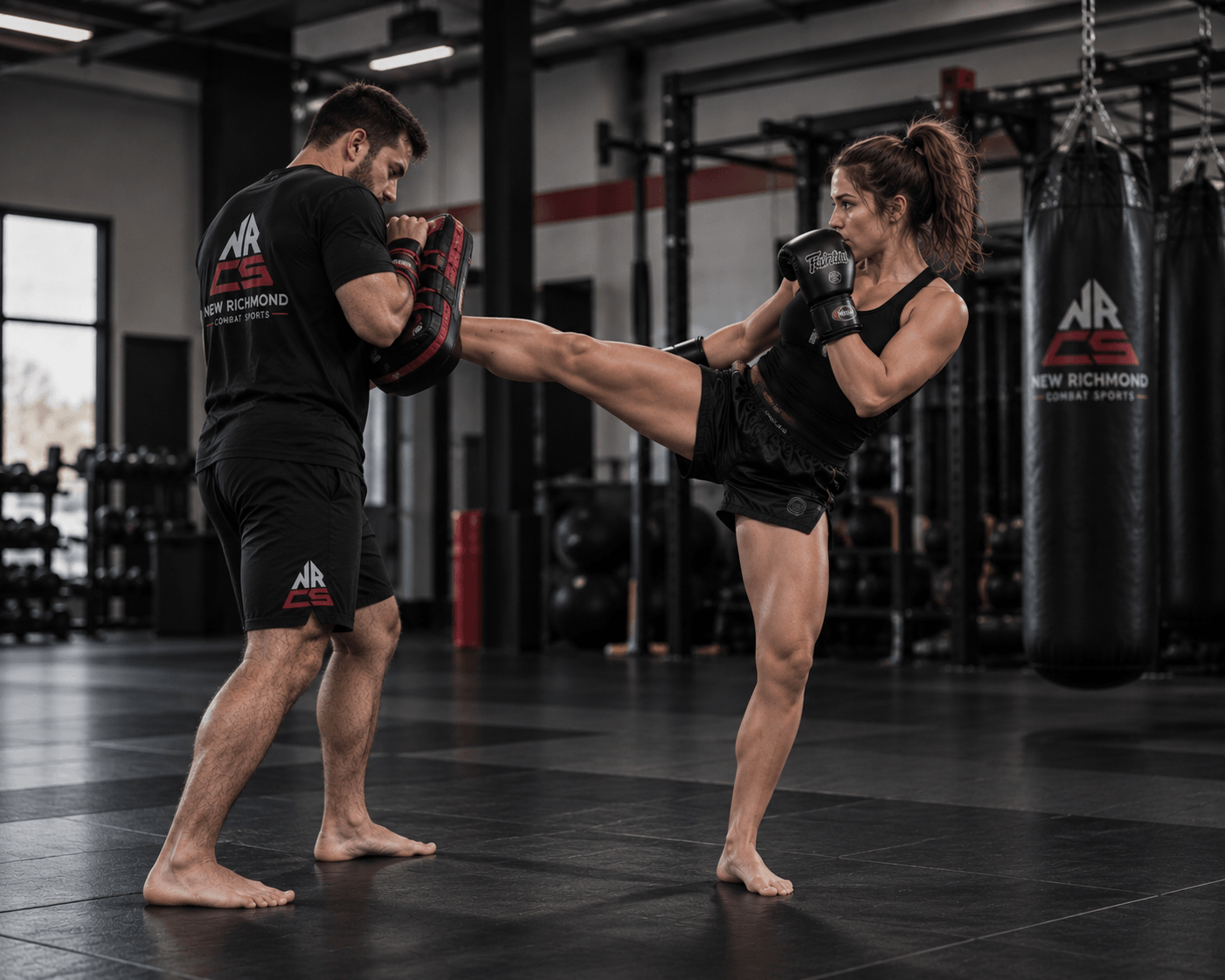 MMA student performing a kick on pads